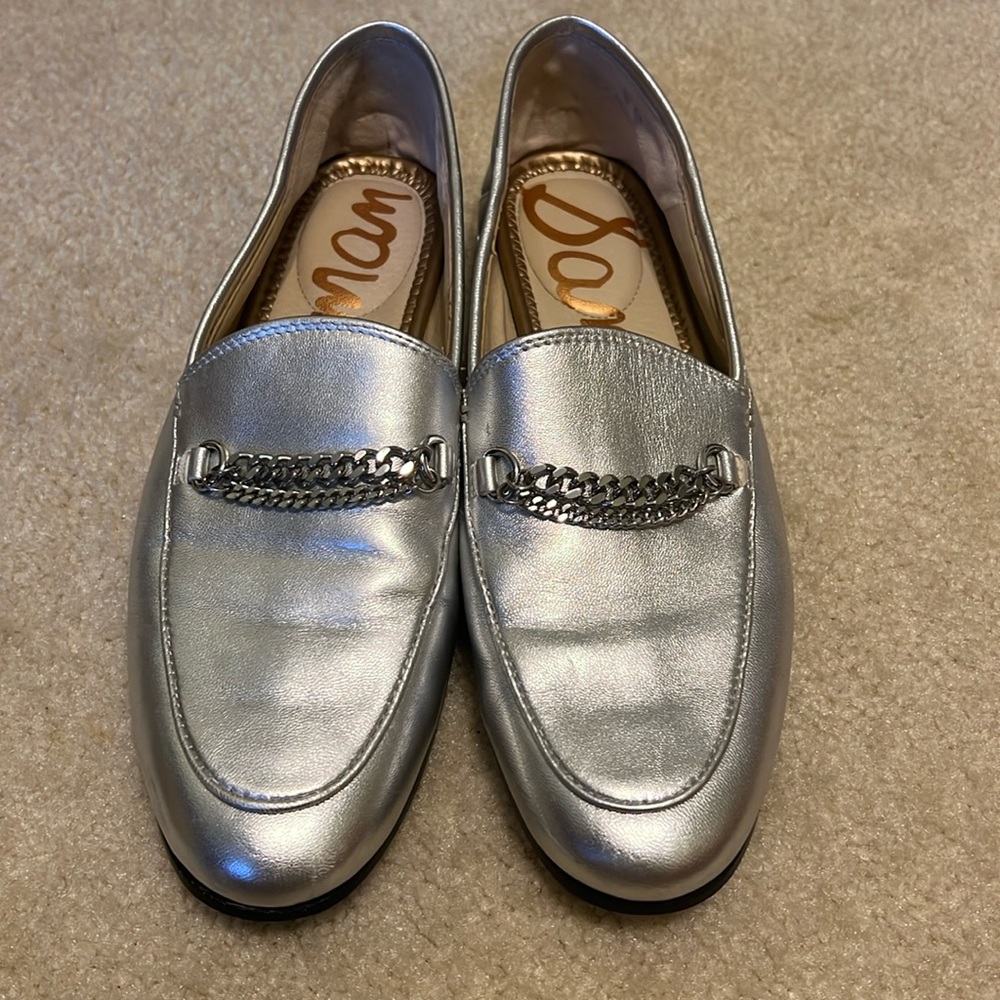 Sam Edelman Silver Chain Leather Loafers Size 8